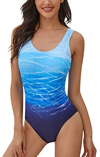 heekpek Einteiliger Badeanzug Damen Bauchweg Frau Bademode Sport Weste Gradient Badeanzug Slim Fit Strandmode Rückenfreier Swimsuit Push-up Gepolstert Schwimmanzug(Blauer Farbverlauf,XL)