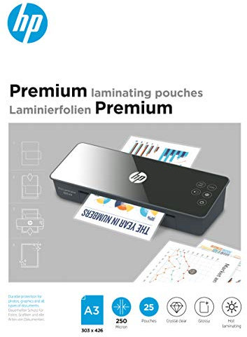 HP Premium Laminierfolien, DIN A3, 250 Micron, glänzend, transparent, zum Heißlaminieren, 25 Stück, 9128