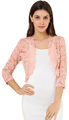 Allegra K Día de San Patricio Cárdigan Toreras Top De Encaje Floral Transparente Manga 3/4 Elegante para Mujer Rosa Claro L