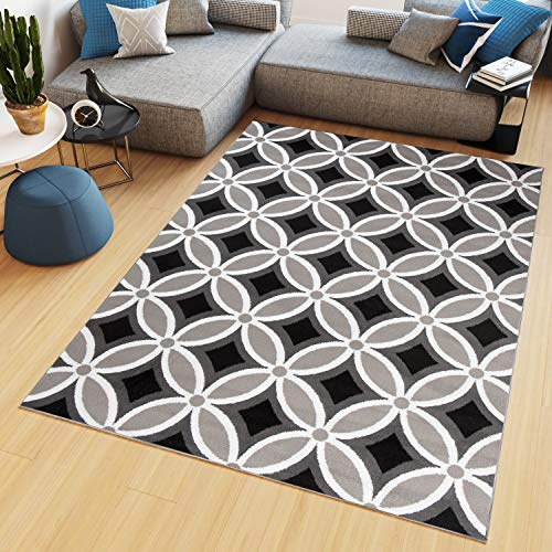 TAPISO Maya Kollektion Teppich Kurzflor Wohnzimmer Schwarz Weiß Grau Modern Geometrisch Mosaik Kreise Karo Schlafzimmer Esszimmer ÖKOTEX 200 x 300 cm