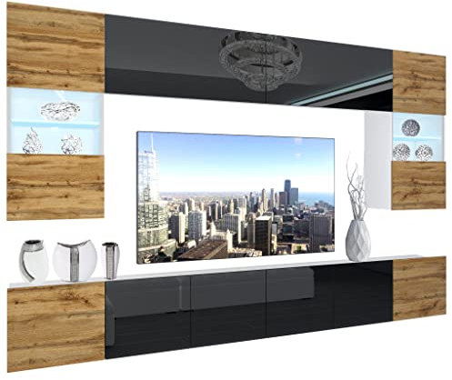BELINI Wohnwand Vollausstattung Wohnzimmer-Set Moderne Schrankwand mit LED-Beleuchtung Anbauwand TV-Schrank Wotan Eiche/Schwarz