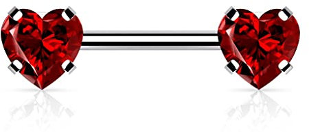 Paula & Fritz® Push-In Piercing Brustwarze Silber Zirkonia Rot Chirurgenstahl 316L Kugel 1,6-mm Stab-Dicke Nipple Gewindelos Straight Barbell Bridge