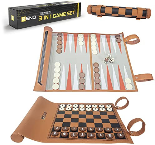 RENO 3 in 1- Chess Backgammon Set Checkers- Travel games for adults - chess set for adults and Kids - sets & games compendium -games for kids, Giftable Game set