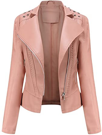 Giubbotto Ecopelle Donna Con Borchie - Giacca Biker in Similpelle, Finta Pelle Sintetica - Curvy Primavera Rosa L