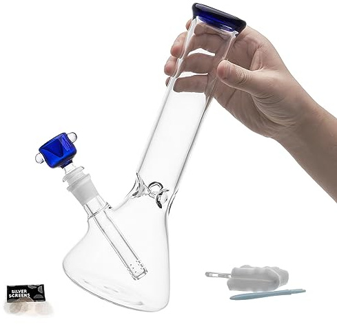 RORA 10“ Glass Vase 14.5mm Joint Size Blue Handmade with Bowl (Blue)