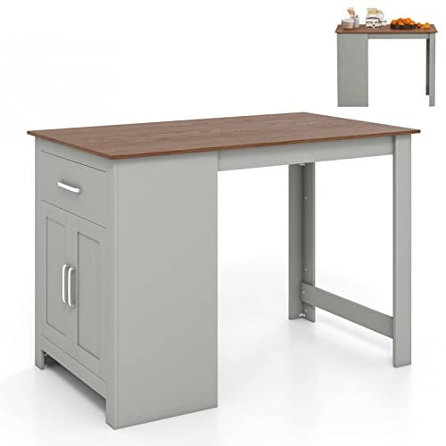 GiantexUK Rectangular Bar Table, Counter Height Table with Drawer, 3-Position Adjustable Shelf & 2 Doors, Wide Tabletop Wooden Dining Table for Home, Kitchen and Living Room (Grey)