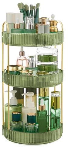 SONGMICS Makeup Organizer, 3-Tier Round Rotating Skincare Organizer Countertop, Customizable, Toiletries Vanity Organizer, Lazy Susan, Gift, Pale Green UJKA011C01