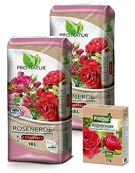 PRO NATUR Rosenerde torffrei mit hohem Humusgehalt natürliche Rohstoffe 2x18,0 l & Rosendünger 1,0 kg (36 Liter)