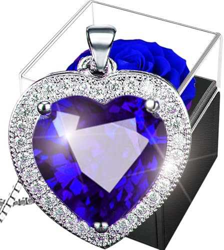 Rose Éternelle avec Saphir Collier, Conservée avec Bijoux Argent 925,Fleurs Préservées Coeur Cristal,Boîte de Roses for Saint-Valentin Noël Anniversaire Rose Stabilisée Birthstone Pendentif Bleu