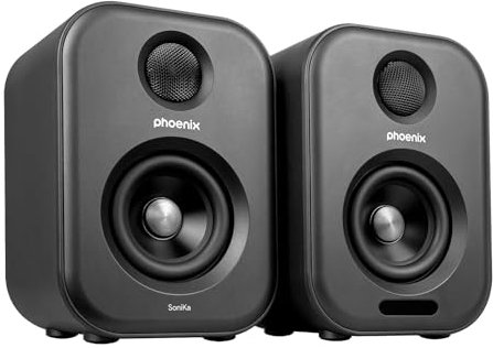 Phoenix Technologies - Altavoces de Estudio Sonika | Sonido Estéreo 50W | Bluetooth 5.0 y Conectividad USB | Modos Personalizados | Control Remoto, Negro, 128x118x184 mm, ABS