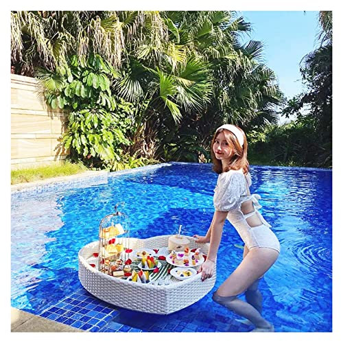 CAFIEDR Luxuriöses schwimmendes Serviertablett, Pool-Tablett, selbstgemachtes schwimmendes Tablett, schwimmender Serviertablett-Tisch aus Herz-Rattan-Gewebe, Schwimmbecken für Sandbänke, Spas (weiß)