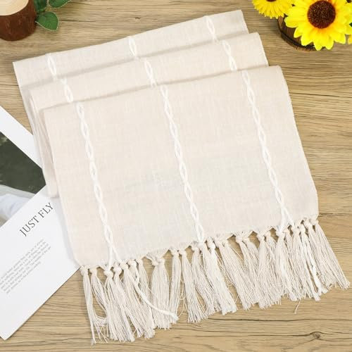 Boho Baumwoll Leinen Tischläufer mit Handquasten,Rustikaler Tischdekoration,Bauernhaus Stil Tischläufer für Heimdekoration,Urlaubsparty,Esszimmer-Dekorationen,Hoteldekorationen 13×72 Zoll,Beige