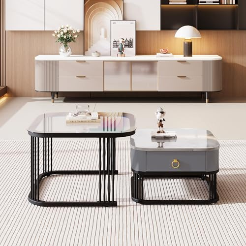 Merax Couchtisch 2er Set,Wohnzimmer Tisch,Satztisch Sofatisch Kaffeetisch Tisch-Set mit eine Schubladen Hochglanz-Marmoroptik, Goldenen Akzenten(Tippe E)