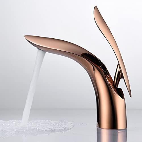 Basin Faucets Gold Brass Bathroom Faucet Single Handle Basin Mixer Tap Bath Faucet Copper Leaf Shape Sink Water Crane Tap(Short rose gold)