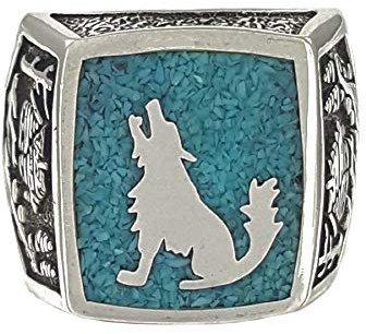 Türkis Chip Inlay Wolf Navajo Style Westernschmuck Indianerschmuck Wölfe Biker Siegelring Indianerring (57 (18.1))