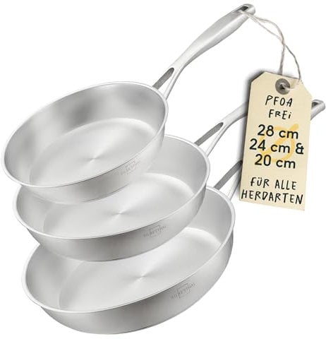 SILBERTHAL Lot de 3 poêles en acier inoxydable non revêtues - 20, 24 et 28 cm - Compatible avec l'induction - Passe au four jusqu'à 400 °C et passe au lave-vaisselle