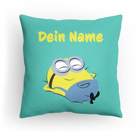 PICANOVA Minions Kissen mit Name - Personalisiertes Premium Kopfkissen mit Füllung - Kuschelkissen Zierkissen 40x40cm - Text individuell Bedruckt - Schlaf- und Wohnzimmertauglich - Minion Relax