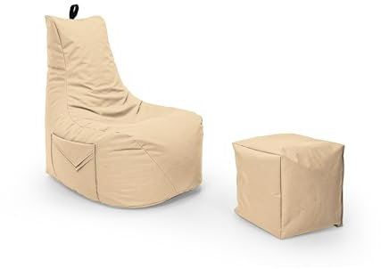 Nadimaideal Gamer Sitzsack Komfort XL - XXL für Kinder, Teenager & Erwachsene | Indoor & Outdoor | Sitzsack Gaming | Füllung EPS Perlen (Beige, Sitzsack XL mit Hocker)