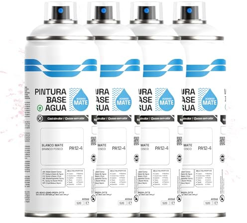 Etrexonline Pintura Spray Ecológica 400ml - Base Agua, Sin Olor - Para Muebles, Metal, Plástico y Madera - Colores Vivos y Permanentes, Cobertura Uniforme - Blanco Mate, 4 unidades