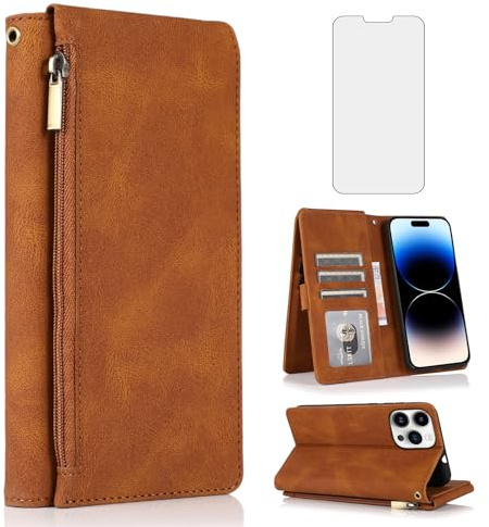 Compatible with iPhone 14 Pro 6.1 inch Wallet Case Tempered Glass Screen Protector and Zipper Leather Flip Cover Card Holder Stand Cell for iPhone14Pro 5G i i-Phone i14 iPhone14 14Pro Women Men Brown
