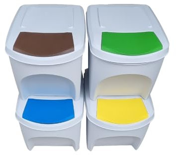 Stolmet Large Stackable Recycling Bins Set of 4x25L (Brand KrysGo) - Customizable Lids with Recycling Stickers - Waste Sorting for Home, Kitchen, Office (White + Multi Coloured)