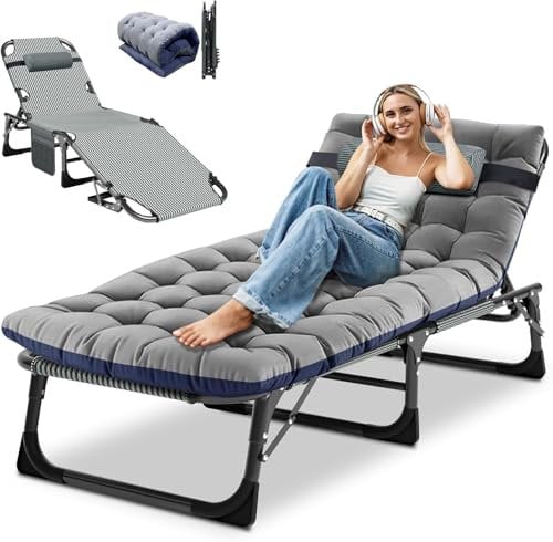 Obqer Folding Camping Bed, 200KG Capacity Sun Loungers with Cushion and Side Pockets, Adjustable Backrest, Easy to Assemble, Camp Beds for Adults, Guest Bed for Garden Pool Beach Office Sunbathing