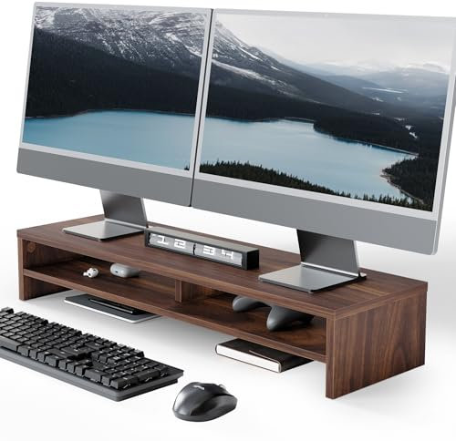 Fenge Réhausseur d'Écran d'Ordinateur, Support de Dual Moniteurs, Organisateur de Bureau, Pour TV/ PC/ Imprimante, 80×23.5×14.2cm, Charge de 25KG (Marron)