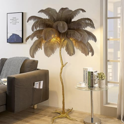 Federlampe, 170cm flauschige Straußenfedern Stehlampe, romantische Prinzessin Schlafzimmer Harz Feder Stehlampe, große dimmbare Stehlampe mit E14 Led Glühbirne für Schlafzimmer und Wohnräume ( Brown )
