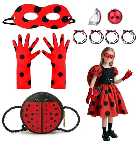 SAIIURV 8 Stücke Ladybug Kostüm Zubehör Set, Lady Bug Maske Handschuhe Tasche Haarbänder Ohrring, Ladybird Kostüm Kinder, Ladybird Kostüm Mädchen Cosplay Fasching Ladybird Spielzeug (Rot, Schwarz)