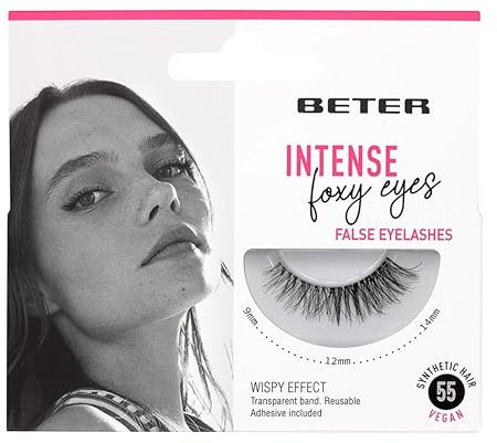 Beter – Pestañas postizas nº 55 Foxy Eyes, extensiones de pestañas, incluye pegamento, veganas y reutilizables, pelo sintético con banda transparente para acado natural, maquillaje de ojos