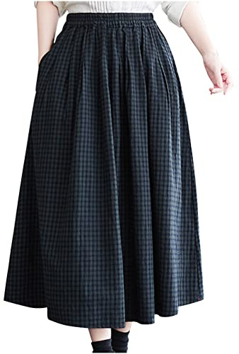 duxyoz Damen Elegant Maxirock Hohe Taille Sommer Baumwolle Leinen Kleid Vielseitig Plaid Plissee Vintage Party A-Linie Swing Rock Damen Leicht Weich Tartan Röcke Casual, 01 dunkelblau, L