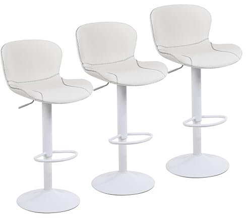 Youhauchair Tabouret Bar Lot de 3, Tabouret de Bar Réglable en Hauteur en Cuir PU, Chaise de Bar avec Dossier et Repose-Pieds, Chaise Haute Cuisine Pivotant, Moderne, Blanc