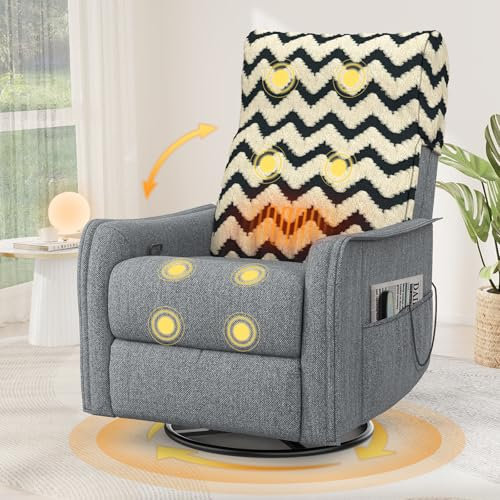 Srfzluxy Fernsehsessel Massagesessel mit Liegefunktion, Relaxsessel mit Wärme und Massage, 360°Drehbarer TV Sessel Wohnzimmer, Schaukelstuhl mit Gepolsterte Kopfstütze, 2 Seitentaschen