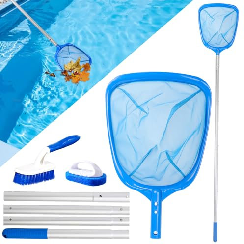 Swimming Pool Skimmer Net, Pool Net Pond Skimmer Leaf Cleaning Net Fine Mesh Skimmer with Aluminium Pole, Pool Brush, Scrubber Pad Lazy Spa Accessories for Hot Tub Spa, Garden Pond, Fish Tank