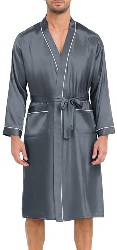 Lovasy Mens Satin Robe Lightweight Silk Kimono Dressing Gown Long Sleeve Bathrobe Soft Loungewear Nightwear