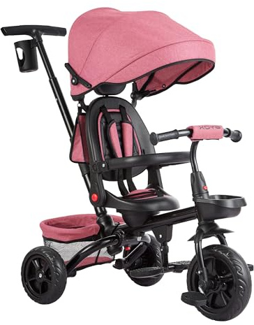 Dreirad 6 In 1 Kinderdreirad,Kinderfahrrad Mit Schubstange Baby Dreirad 9 Monate Bis 5 Jahre Umkehrbarem Sitz360°Grad Drehbar Ausklappbarem Verdeck Mit Sonnenschutz, Kinderwagen Faltbar,Babyfahrrad