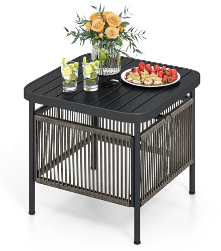 COSTWAY Mesa Auxiliar para Patio con Agujero para Sombrilla, Mesa Lateral de 2 Pisos con Estante de Almacenamiento, Mesita de Café Bistró para Porche Balcón Jardín, 56 x 56 x 49 cm
