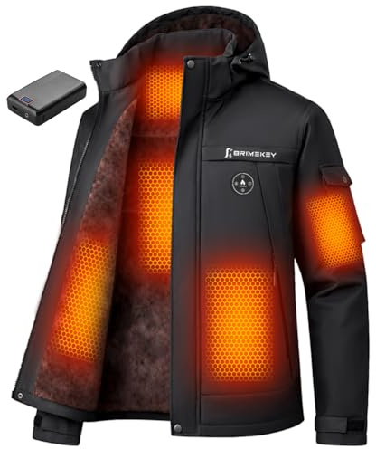Brimekey Graphen Beheizte Jacke Herren mit Fleecefutter, Heizjacke Herren mit 20000mAh 7,4V Akku 6 Heizzonen & 3 Temperaturstufen, Wasserdichte Winddichte Winterjacke Beheizbare Jacke für Ski und Jagd