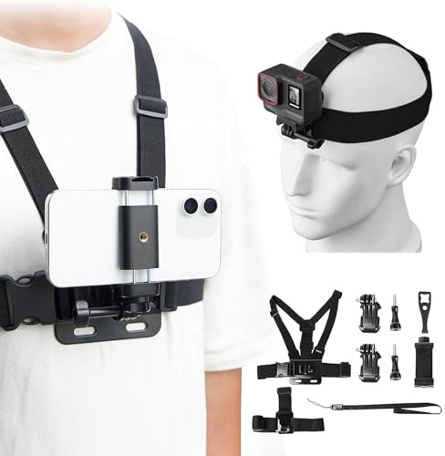 Action Camera Phone Chest Mount Strap Kit, Adjustable Cell Phone Chest Mount Strap for Vlogging Video Compatible With GoPro, DJI Osmo, Insta360, And More |POV Filming for Extreme Sports & Adventures