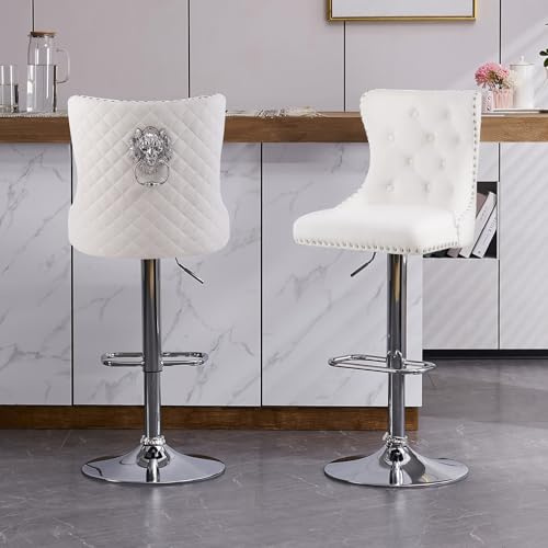 KHISCHMO Samt Barhocker 2er Set Samt Moderne Tresenhocker Höhenverstellbar mit Lehne Küchenhocker mit Löwenring-Zuggriff Drehbar für Küche Theke, Weiß