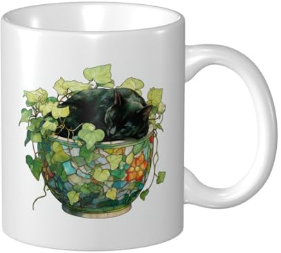Woshuwo Glasmalerei schwarze Katze, gelockt auf Blumentopf, Keramiktasse, elegante Kaffeetasse, Tee, Trinkgeschirr, Wasserbecher für Zuhause, Büro, 325 ml