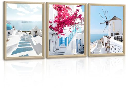 3 Pcs Griechische Insel Stadtbild Leinwandbilder mit Rahmen, Santorini Ägäisches Meer Bilder Wandbilder Moderne Glockenturm Rosa Blume Bild Auf Kunstdruck Deko für Schlafzimmer Wohnzimmer 30x40cmx3