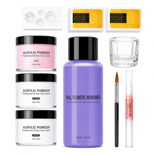 Acrylic Nail Kit Large Capacity Set, Extension Nail Art Kit - Pink White Clear Acrylic Powder and Liquid, Cuticle Oil, Nail Forms, Acrylic Nail Brush & Glass Cup for DIY Art, Home Manicure