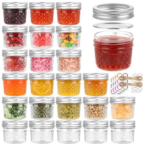 RusseryPek 120mL/4oz Small Mason Jars, 24 Pack Mini Glass Canning Jars | For Jams, Jelly, Honey, Spice and Wedding Favors - Includes Regular Lids and Bands, Ideal for DIY Crafts & Preserving