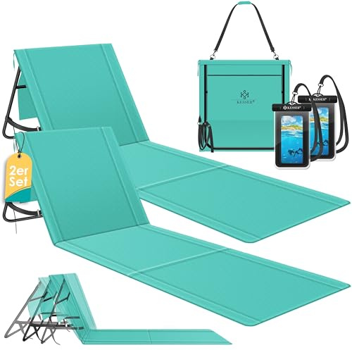 KESSER® 2er Set Strandmatte klappbar mit Verstellbarer Rückenlehne, Tragegurt, wasserdichter Tasche & Aufbewahrung – Faltbare Sonnenliege für Strand, Garten & Terrasse je 130 kg belastbar