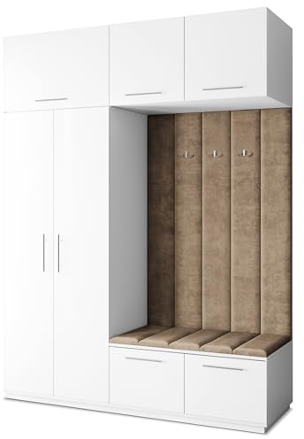 Masseno Flugarderoben Set Rema, Kleiderschrank-Set mit Sitzbank, Garderobenschrank Flur mit 5 Regalböden, Weiß
