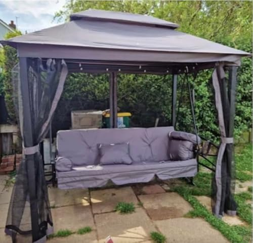 3 Seater Swing Seat Large Garden Grey Patio Sun Day Bed Hammock Cushions Chair Hanging Rocking Bench Canopy Outdoor Metal Furniture Modern Deck Lounger