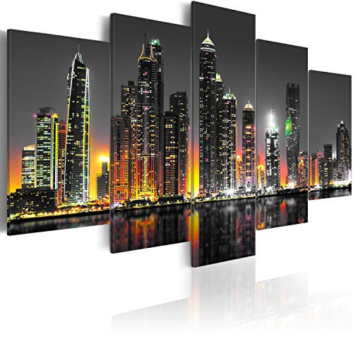 B&D XXL - Wandbilder XXL Dubai 225x112cm 5 tlg - Wand Deko Leinwand Bilder Groß Wanddeko Wohnzimmer Schlafzimmer Kunstdrucke - City Stadt Nacht d-C-0024-b-p