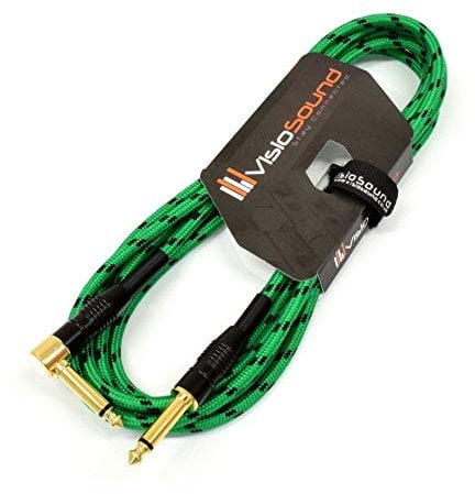 VisioSound Premium Tweed Guitar Bass Lead / 6.35mm 1/4 Angled Jack/Braided Instrument Cable (Green/Black, 3m)