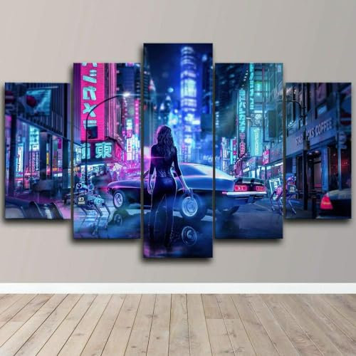 YUANJUN 3D Leinwanddrucke,Modulare Wandkunst Wandaufkleber,5 Teiliges Wandbild,Mit Rahmen,Größe 150 X 80 cm Leinwandbild, Wandbilder XXL Neon City Japanisches Mädchen Bunte Bandbox